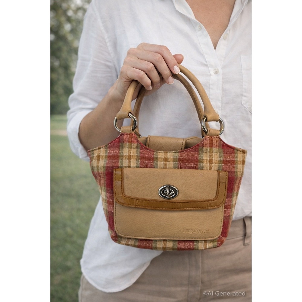 Longerberger Small Plaid Fabric Leather Handbag Burgandy green